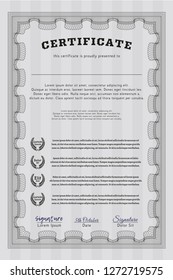 Grey Certificate template or diploma template. Vector illustration. With complex linear background. Superior design. 