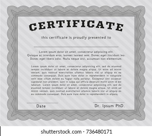Grey Certificate template or diploma template. Vector illustration. With complex linear background. Lovely design. 