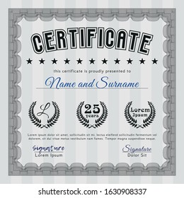 Grey Certificate template. With great quality guilloche pattern. Artistry design. Detailed. 