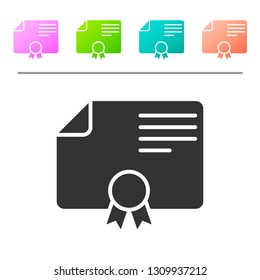 Grey Certificate template icon isolated on white background. Degree icon. Achievement, award, grant, diploma concepts. Business success certificate. Set icon in color buttons. Vector Illustration