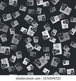 Grey Certificate template icon isolated seamless pattern on black background. Achievement, award, degree, grant, diploma. Business success certificate.  Vector Illustration