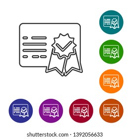 Grey Certificate template line icon on white background. Achievement, award, degree, grant, diploma concepts. Business success certificate. Set icon in color circle buttons. Vector Illustration