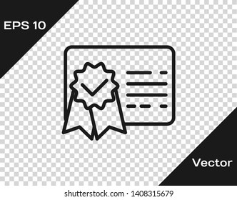 Grey Certificate template line icon isolated on transparent background. Achievement, award, degree, grant, diploma concepts. Business success certificate. Vector Illustration