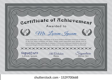 Grey Certificate template. Money Pattern design. With guilloche pattern. Detailed. 