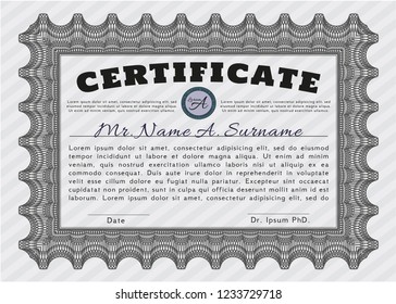 Grey Certificate template. Nice design. With complex linear background. Detailed. 