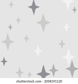 Composición gris caótica del Año Nuevo mágico oscuro. Papel tapiz de la Noche Blanca Sky Winter Christmas. Estrellas 4 puntas Negro Misterio Acogedor Ornamento. Fondo de impresión plateado de vacaciones de color gris monocromo.