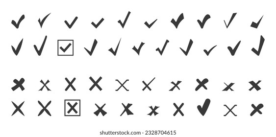 Grey check mark and cross icon set, square. Tick symbol in grey color. Hand drawn checkmark illustration. Vector illustration