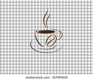 grey checkered picnic tablecloth, abstract background, coffee cup