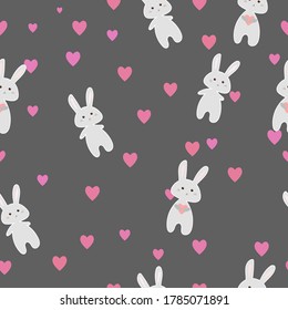 Grey cheerful seamless pattern, cute bunnies soft pink and gray, flat simple vector illustration