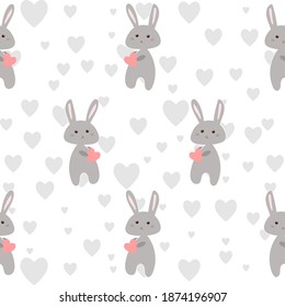 Grey cheerful seamless pattern, cute bunnies soft pink and gray, simple vector illustration