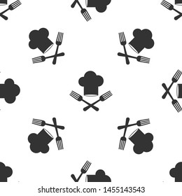 Grey Chef hat and crossed fork icon isolated seamless pattern on white background. Cooking symbol. Restaurant menu. Cooks hat.  Vector Illustration