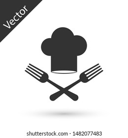 Grey Chef hat and crossed fork icon isolated on white background. Cooking symbol. Restaurant menu. Cooks hat.  Vector Illustration