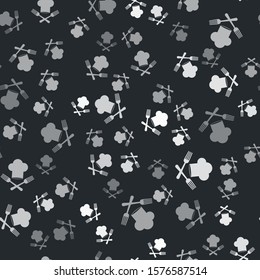 Grey Chef hat and crossed fork icon isolated seamless pattern on black background. Cooking symbol. Restaurant menu. Cooks hat.  Vector Illustration