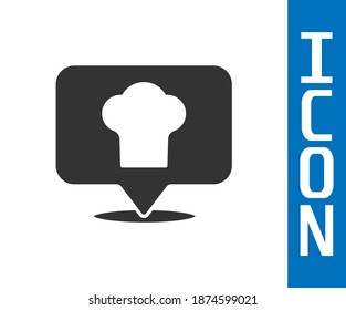 Grey Chef hat with location icon isolated on white background. Cooking symbol. Cooks hat.  Vector