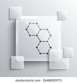 Grey Chemical formula icon isolated on grey background. Abstract hexagon for innovation medicine, health, research and science. Square glass panels. Vector