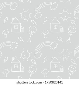 Grey children's seamless background with contour Doodle illustrations. A house, a rainbow, a person, a twig on a gray background. Endless repeating pattern for textiles, fabric, clothing, packaging