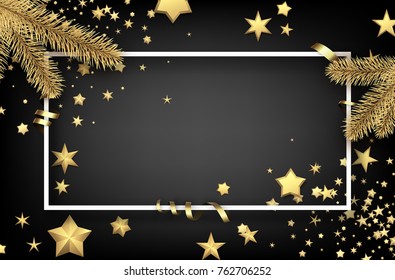Grey Christmas background with fir branches, gold stars and serpentine. Vector illustration.