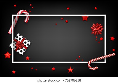 Grey Christmas background with gifts, candy and red stars. Vector top view illustration.