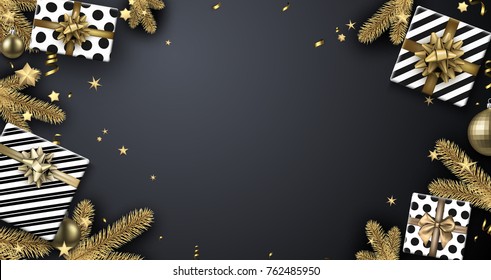 Grey Christmas background with gold fir branches and gifts. Vector top view illustration.