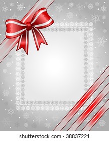 Grey christmas background with ribbon and snowflake
