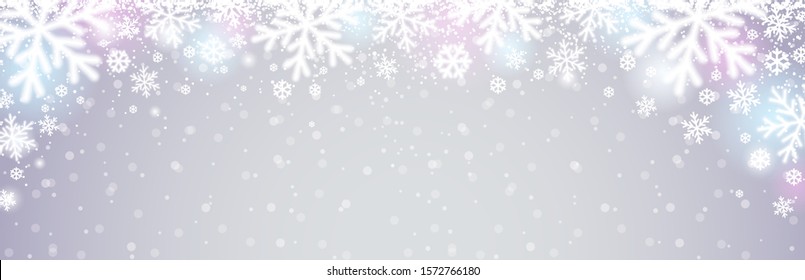 Grey Christmas banner with white blurred snowflakes. Merry Christmas and Happy New Year greeting banner.
Horizontal new year background, headers, posters, cards, website. Vector illustration