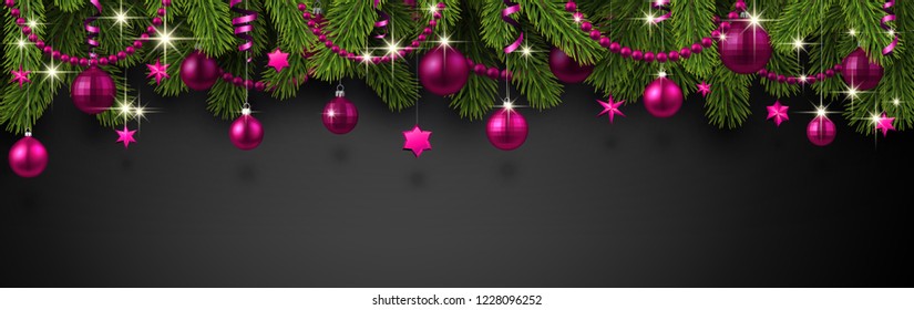 Grey Christmas and New Year banner with fir branches and pink shiny Christmas decorations. Festive design. Vector background.
