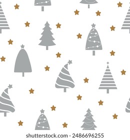 Grey christmas tree vector pattern. New year pines on white background with gold stars 