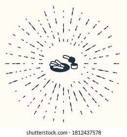 Grey Churros and chocolate icon isolated on beige background. Traditional national Spain dessert, European street food. Abstract circle random dots. Vector.