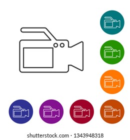 Grey Cinema camera line icon isolated on white background. Video camera. Movie sign. Film projector. Vector Illustration