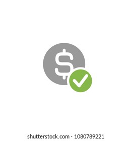 Grey circle with dollar sign and green ok tick. Flat icon. Isolated on white. Pay sign. Accept button. Check box. Good for web and software interfaces. Vector illustration.