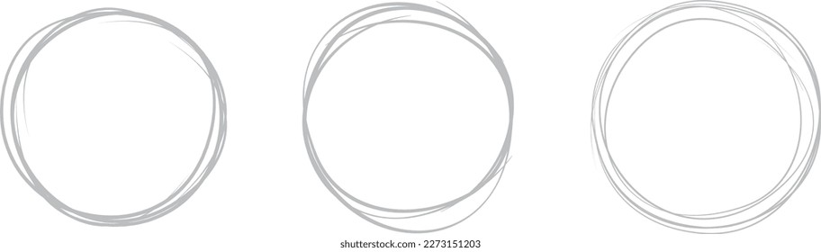 Grey circle line hand drawn set. Highlight hand drawing circle isolated on background. Round handwritten circle. For marking text, note, mark icon, number, marker pen, pencil and text check, vector