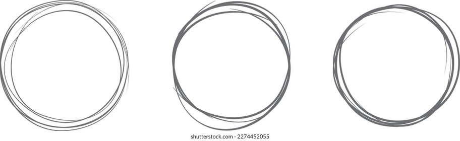 Grey circle line hand drawn set. Highlight hand drawing circle isolated on background. Round handwritten circle. For marking text, note, mark icon, number, marker pen, pencil and text check, vector