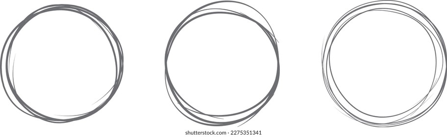 Grey circle line hand drawn set. Highlight hand drawing circle isolated on background. Round handwritten circle. For marking text, note, mark icon, number, marker pen, pencil and text check, vector