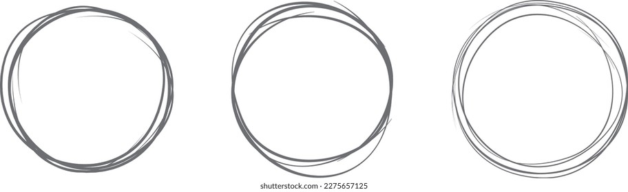 Grey circle line hand drawn set. Highlight hand drawing circle isolated on background. Round handwritten circle. For marking text, note, mark icon, number, marker pen, pencil and text check, vector