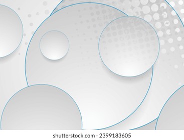 Grey circles with blue outlines abstract geometric background. Halftones grunge vector design