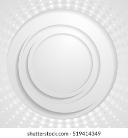Grey circles and halftone dotted beams background. Vector grunge round shapes graphic design