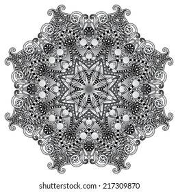 grey circular decorative geometric pattern for yoga fashion design, mandala ornament, oriental rug napkin, round lace wallpaper