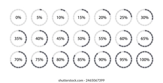 Gráfico de sección circular gris. Esquema del diagrama dividido en partes. Gráfico circular 100 por ciento redondo. Plantilla de relleno de círculo. Estructura con sectores. Gráfico circular con segmentos y sectores. Ilustración vectorial