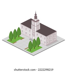 Grey city hall, town hall, tower, background isometric.