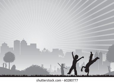 grey cityscape children playing