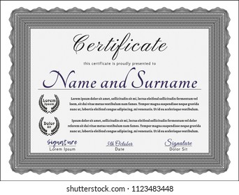 Grey Classic Certificate template. Cordial design. With guilloche pattern. Detailed. 