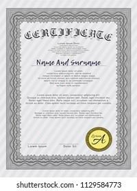 Grey Classic Certificate template. Cordial design. Detailed. With great quality guilloche pattern. 