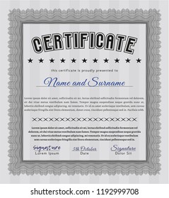 Grey Classic Certificate template. Customizable, Easy to edit and change colors. With great quality guilloche pattern. Cordial design. 
