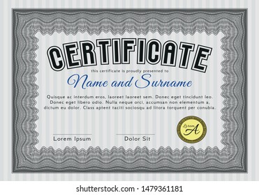 Grey Classic Certificate template. Good design. With guilloche pattern and background. Detailed. 