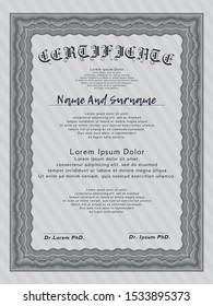 Grey Classic Certificate template. With great quality guilloche pattern. Vector illustration. Perfect design. 