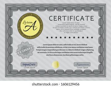Grey Classic Certificate template. With great quality guilloche pattern. Elegant design. Customizable, Easy to edit and change colors. 