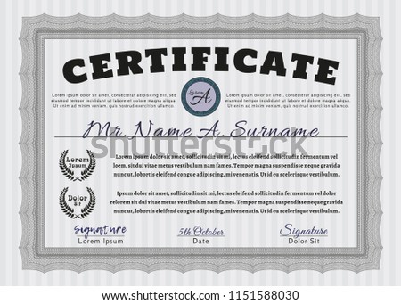 Grey Classic Certificate template. With guilloche pattern and background. Sophisticated design. Detailed. 