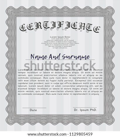 Grey Classic Certificate template. Money style design. Detailed. With great quality guilloche pattern. 