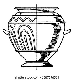Grey Clay Urn has ornamentation in its relief, its used in funeral rites as a repository for the ashes of the dead, vintage line drawing or engraving.