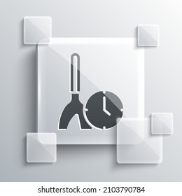 Grey Cleaning time icon isolated on grey background. Sanitary service, house hygiene. Square glass panels. Vector